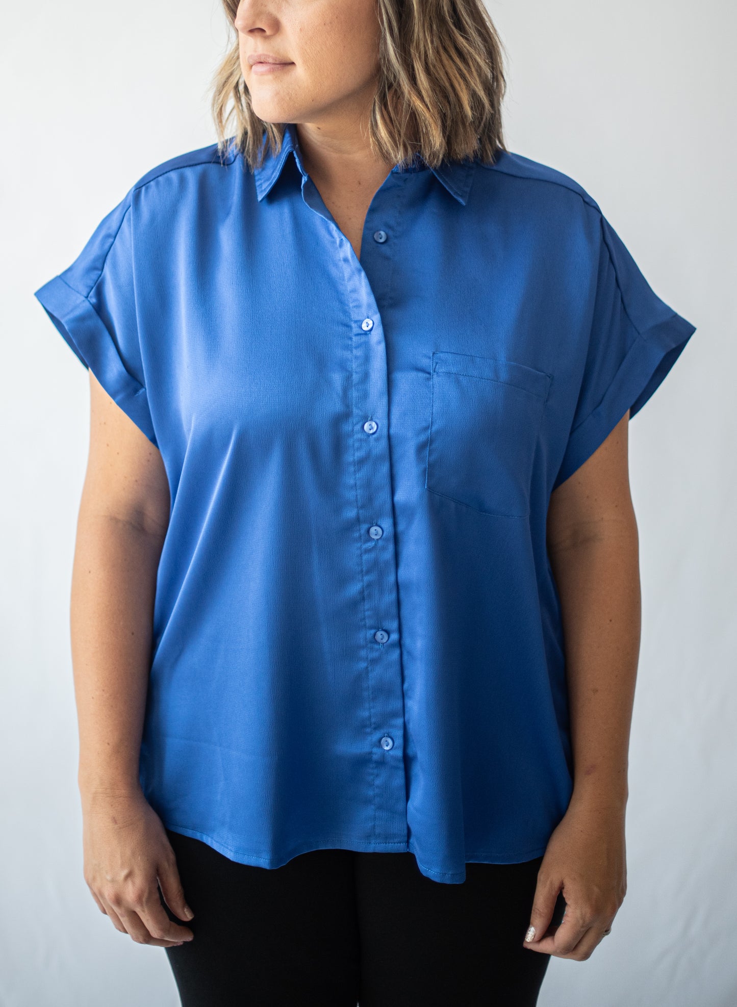 Shine Button Down Top in Royal